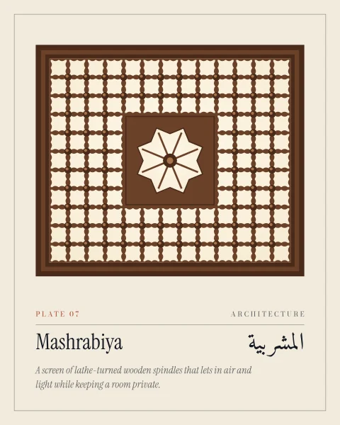 A turned-wood mashrabiya screen in warm brown: beaded lathe-turned spindles meeting at round turned knobs, held in a stepped moulded frame, with a solid inset panel at its centre pierced by an eight-pointed star filled with small turned spokes, all against soft light.