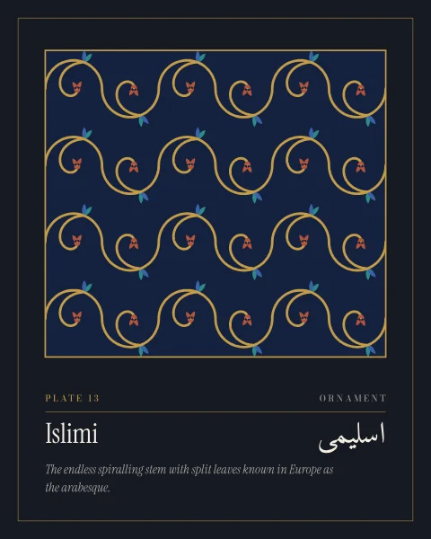 A deep blue panel of gold vine scrolls: rows of wave-like stems send a spiral tendril into every bay, each branching from a pair of turquoise and blue split leaves and ending in a terracotta split palmette.