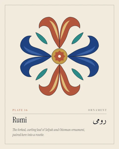 A rosette of forked rumi leaves: four mirrored pairs in terracotta and lapis around a gold centre and a small eight-pointed star, with a slender turquoise leaf on each diagonal.