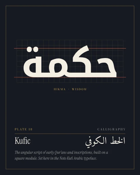 The word hikma, wisdom, set large in bone in a Kufic typeface on a faint square grid, with terracotta baseline and ascender guides on ink.