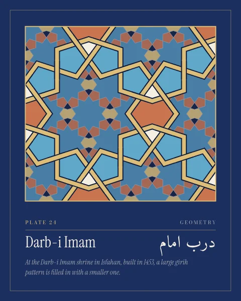 A field of ten-fold girih on deep lapis: broad gold straps weave over and under through a large pattern of ten-pointed stars, and each large star is filled with the same kind of pattern at a third of the scale, in sky blue, clay and bone line.