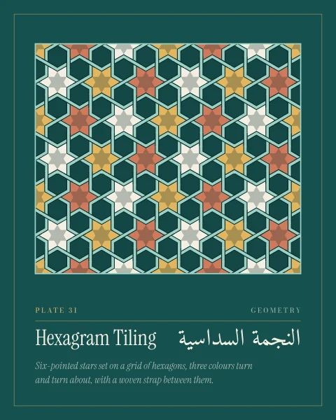 A field of six-pointed stars on deep teal, coloured gold, coral and cream in a repeating three-colour order, each with a smaller star inside, joined by small hexagons and woven through by a pale mint strap that runs over and under.