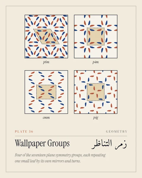 Four square panels on paper, each filling the plane with one small leaf repeated in two colours by a different symmetry, labelled p6m, p4m, cmm and p4g, with one repeating cell shaded and outlined.