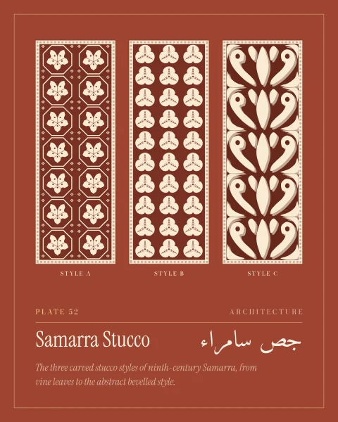Three panels of carved stucco in cream on terracotta: style A with compartments of deeply cut vine leaves and grapes, style B with flatter leaves picked out by drilled dots and notches, and style C, the bevelled style, with mirrored abstract forms cut on a slant so that no background is left.