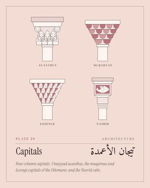 Four column capitals in white marble on rose: an acanthus capital with drilled leaves and volutes, a muqarnas capital of stepped cells, a lozenge capital of triangular facets, and a Nasrid capital with a round lower part and a carved cubic block, each on the top of its shaft.