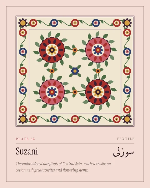 A suzani hanging on cream cotton: rows of large red and pink rosettes, each ringed with green serrated leaves and centred on a small star, joined by curving stems with leaves and flowers, inside a border of small rosettes on a meandering vine.