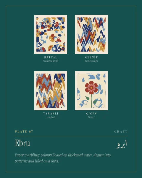 Four marbled sheets on cream paper, labelled: battal, a ground of scattered drops; gelgit, the same drops drawn back and forth; taraklı, combed into fine waves; and çiçek, a red flower with a stem and leaves drawn on a pale ground.