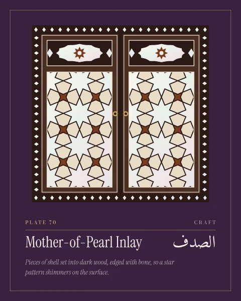 A pair of cupboard doors in dark wood inlaid with mother-of-pearl: an eight-fold star pattern with large stars and kite-shaped pieces in pale iridescent shell, small four-pointed stars of tortoiseshell and pieces of bone, under small panels with shell cartouches and a border of inlaid lozenges.