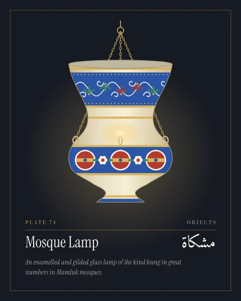 A glass mosque lamp hanging on three chains against a warm glow: a wide flaring neck banded in blue enamel with a white scroll and red and green palmettes, a rounded body with three visible loop handles and a band of roundels, and a high foot, all edged in gold.