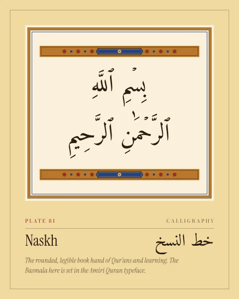The Basmala, fully vowelled, set large in black within a gold-ruled frame on cream, as on a manuscript page, with illuminated headpiece bands of gold, lapis and red above and below in the taller shapes.