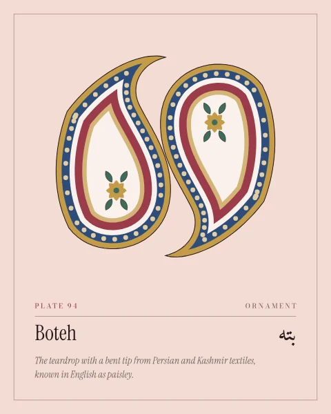 A large boteh on rose, its teardrop outline banded in gold, blue with cream beads, cream and red around a pale centre with a small gold flower, shown as a facing pair in wider shapes and one above another in the tall ones.