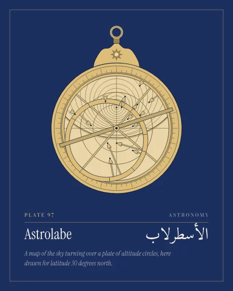 A brass astrolabe on lapis: a throne and ring at the top, a degree scale round the rim, a plate of altitude circles and tropics, the openwork star map with its offset ecliptic ring and flame-shaped star pointers, and a straight rule across the face. Tall shapes show the cord it hangs from.