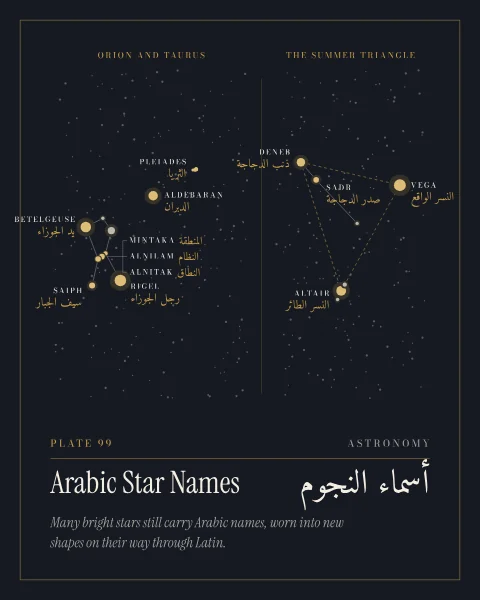 Two star charts on ink with faint field stars. Orion and Taurus show Betelgeuse, Rigel, Saiph, the three belt stars, Aldebaran and the Pleiades; the Summer Triangle shows Vega, Altair, Deneb and Sadr. Each named star is labelled in English and in its Arabic original.