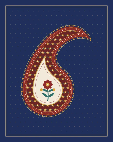 A single large boteh in madder red on indigo, its body filled with tiny saffron flowers and its heart holding a small flowering stem.