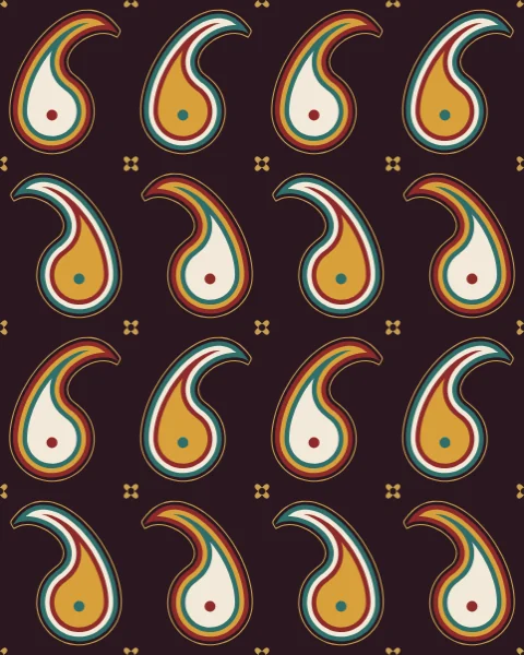 Rows of botehs drawn as nested bands of madder, saffron, teal and ivory, turning left and right on a black-plum ground.