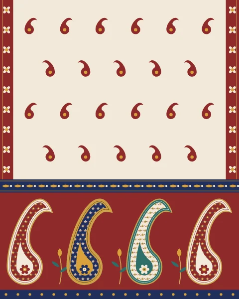 A plain ivory field scattered with small botehs above a deep red border of tall, elongated pine-cone botehs.
