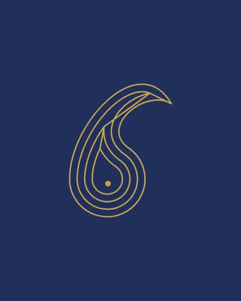 One boteh drawn as a single unbroken gold line that spirals inward three times, on deep indigo.