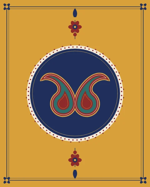 Two botehs set back to back, their tails sweeping outward, drawn in nested bands of madder, teal and ivory inside an indigo roundel on saffron.