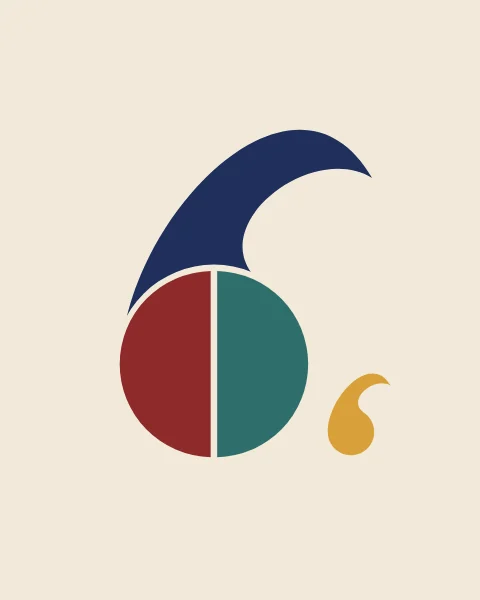 A boteh taken apart into flat pieces of colour: an indigo tail, a round bulb split into madder and teal, and a small saffron boteh beside it.