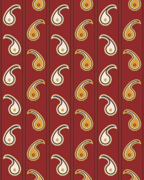 Small detailed botehs in ivory and saffron, edged in gold, standing in alternating rows between fine stripes on deep red.