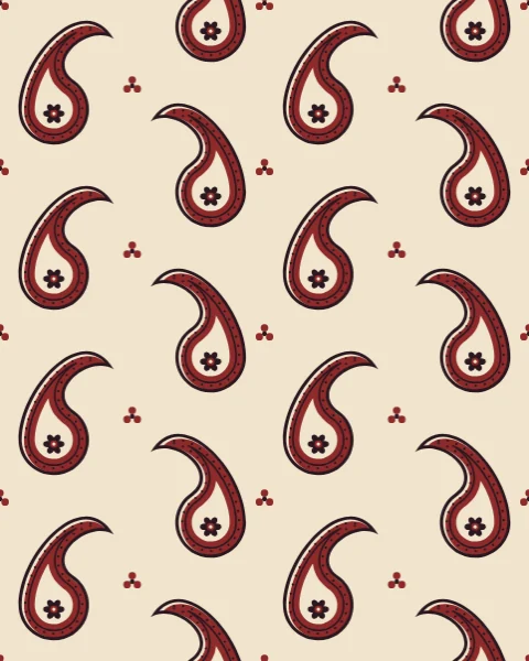 A half-drop repeat of botehs printed in black-plum outline and madder fill on a natural calico ground, the colours slightly off register.