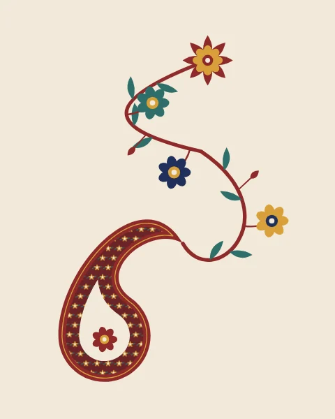 A flower-filled boteh whose tip grows into a long stem, carrying leaves and blossoms in saffron, indigo and teal.