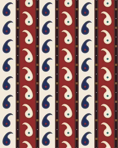 Vertical stripes of ivory and madder, each with a column of small botehs, divided by narrow black-plum bands set with saffron flowers.