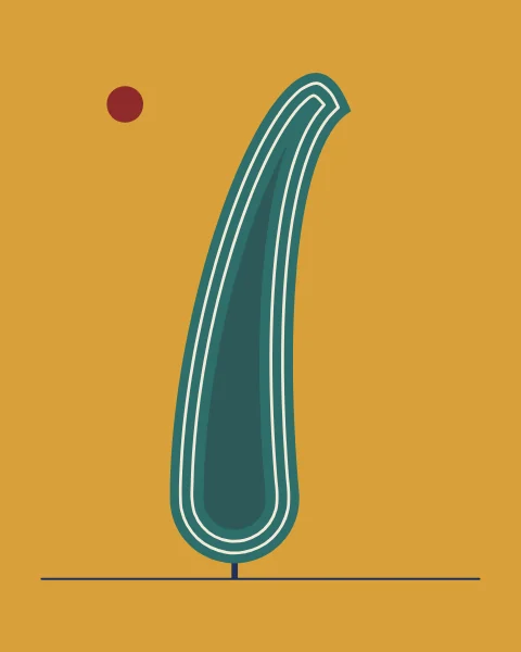 A tall teal cypress whose crown bends over like a boteh, outlined in ivory, on saffron with a small red sun.