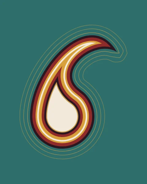 A large boteh built from bold bands of black-plum, madder, saffron and ivory, like a flame, on teal.