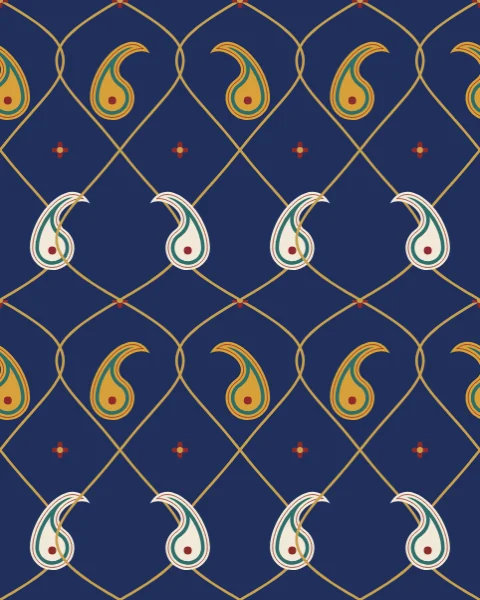 Saffron and ivory botehs set in the cells of a fine gold ogee lattice on indigo, with small red flowers at the crossings.