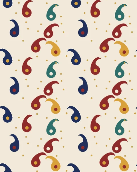 Small botehs in madder, indigo, teal and saffron tossed across an ivory ground with tiny gold dots.