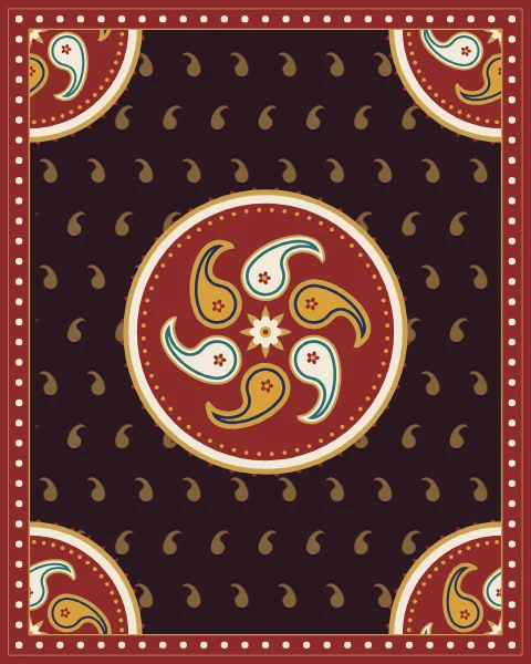 A central roundel of six turning botehs with quarter roundels in the corners, on a black-plum field sprinkled with small gold botehs.