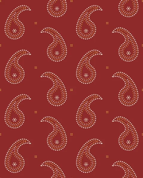Botehs drawn only in lines of ivory and saffron dots on madder red, arranged in a half-drop repeat.