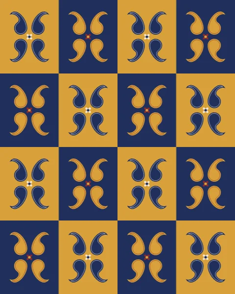 Four botehs set in mirror image around a small flower in each square, alternating indigo on saffron and saffron on indigo.