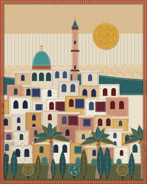 A hill town of whitewashed and ochre houses climbing towards a dome and a slender minaret under a mustard sun, with cypresses along the foot of the hill. Every surface is a different fabric texture.
