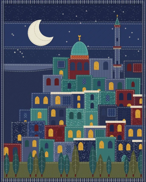 The same kind of hill town after dark: indigo and teal houses with a few mustard windows lit, a pale crescent and small stitched stars over the rooftops.