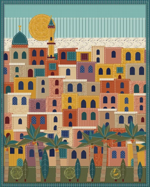 A town of rust, saffron and sand coloured houses filling the whole frame up to a pale turquoise sky, with date palms in front.