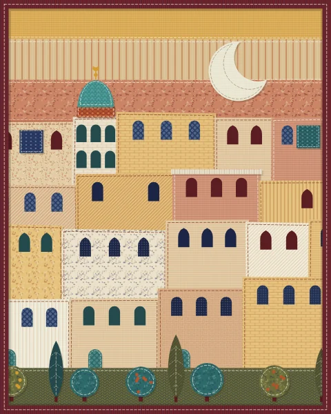 A close view across big flat-roofed houses in cream, oatmeal and pale rust under an evening sky of saffron and rust strips with a thin crescent.