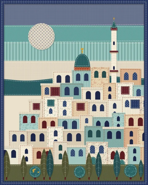 A white hill town beneath a clear blue sky, its houses in cream, oatmeal and pale sand, with a teal dome and a full moon rising by day.