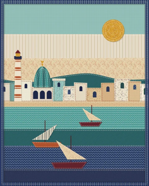 A small harbour town on a quay with a striped lighthouse and a ribbed dome, sailing boats on bands of blue water and a mustard sun.