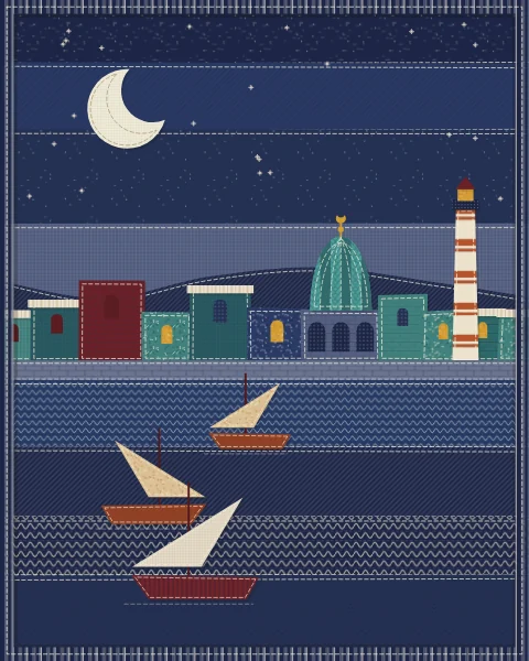 The harbour at night: a crescent and small stars over indigo hills, lit windows along the quay and pale sails on dark water.