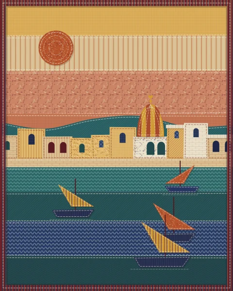 Boats with rust and saffron sails crossing a teal sea at dusk, below a town of warm walls and a sky in saffron and rust bands.