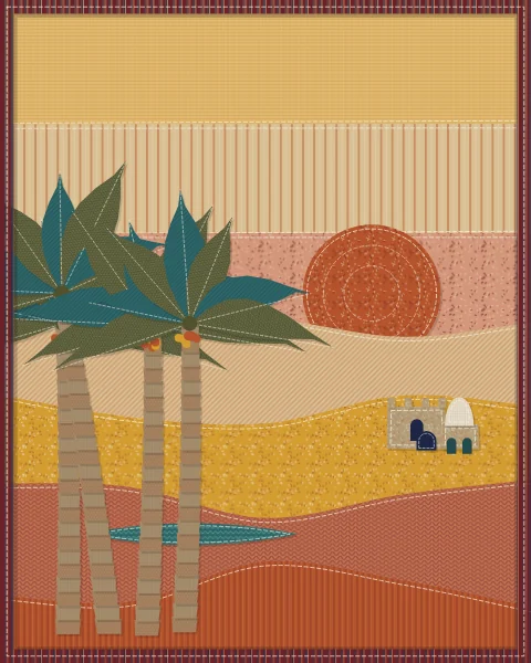 Date palms beside a still pool between dunes of sand, saffron and rust, with a small mud-brick house and dome and a low red sun.