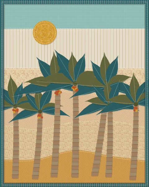 A tall grove of date palms in olive and teal fabrics rising over pale dunes on a cool morning, with a small domed house beyond.