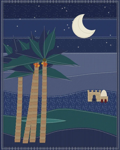 Dunes in indigo and teal under a crescent and scattered stars, palms in dark fabric and a pool holding the night sky.