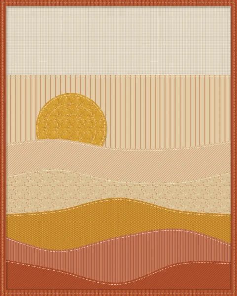 Bands of dunes in sand, saffron and rust under a large sun, with nothing else in view.