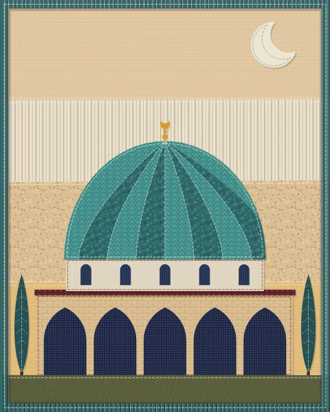 A single large ribbed dome in alternating turquoise and teal fabrics over a drum of arched windows and an arcade, between two cypresses.