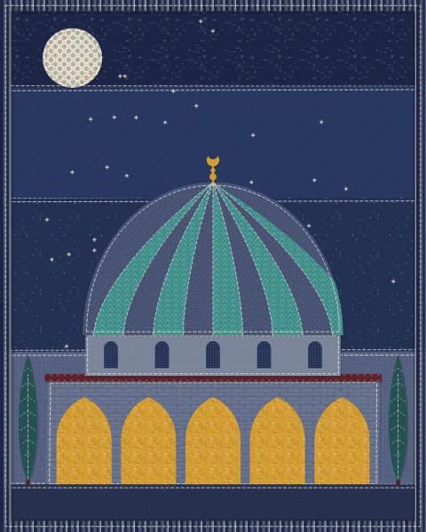 A broad dome in indigo and turquoise at night, its arcade glowing mustard below and stars marked across the dark sky.