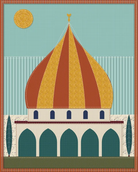 A tall onion dome striped in rust and saffron fabrics against a pale turquoise sky, with a sun on one side.