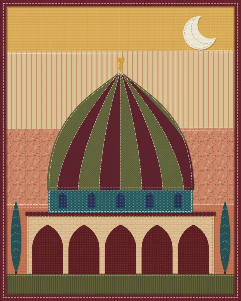 A pointed dome in olive and oxblood under a dusk sky of rust and saffron bands, flanked by dark cypresses.